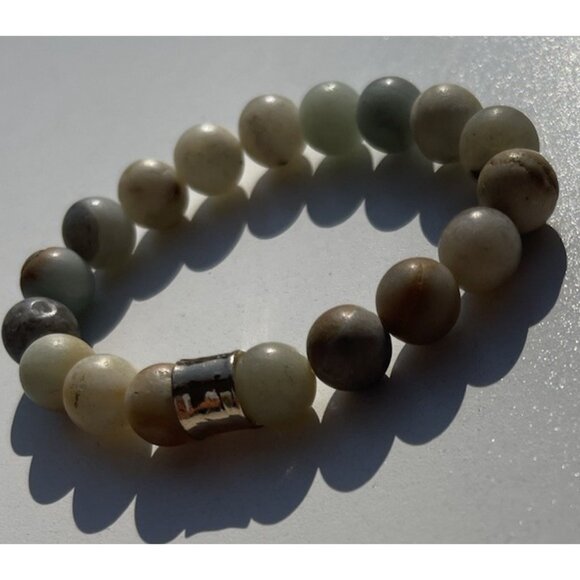 Jade MultiColor Jade Gray Cream Brown Stone Round Bead Bracelet Size 6.5 - Picture 10 of 14